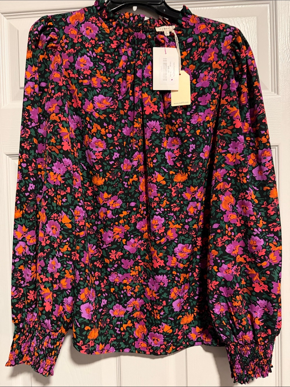 JODIFL Black Floral Blouse with Purple & Orange Accents